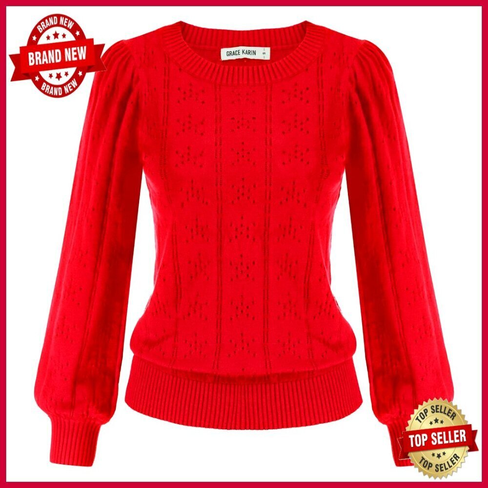 Crochet Pullover Sweater Lantern Sleeves Hollow Out Knitted Slim Fit Elegant